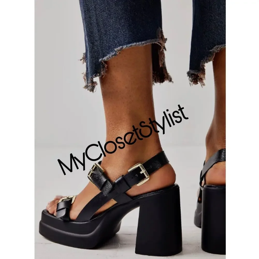 NEW! Free People Black Platform Italian Leather Sandals Made in Italy Shoes 38 8